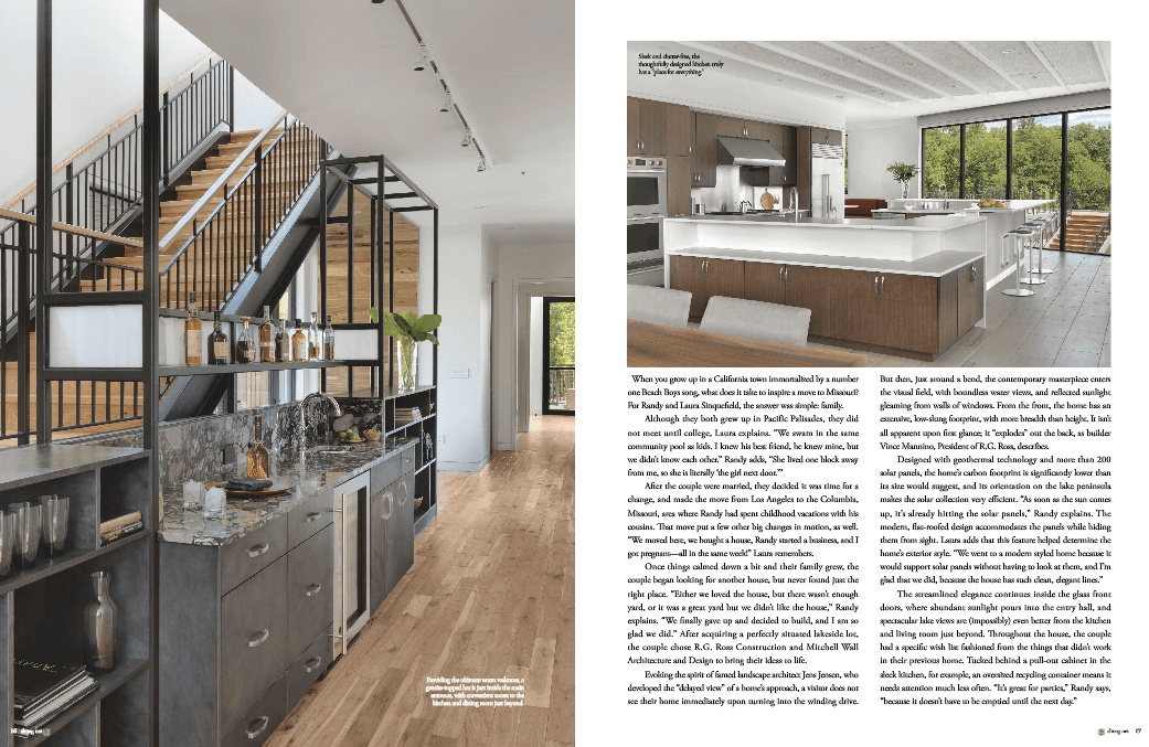 Pages from Sophisticated Living St. Louis magazine, a wet bar and kitchen in a custom-designed modern home.