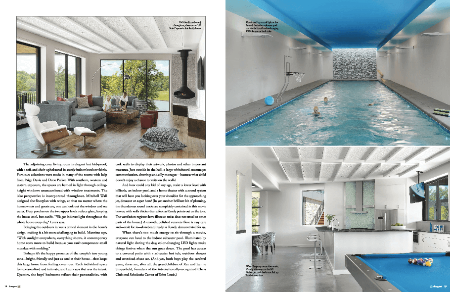 Indoor swimming pool, lower level kitchen and family room of a modern custom home on the pages of Sophisticated Living Magazine.
