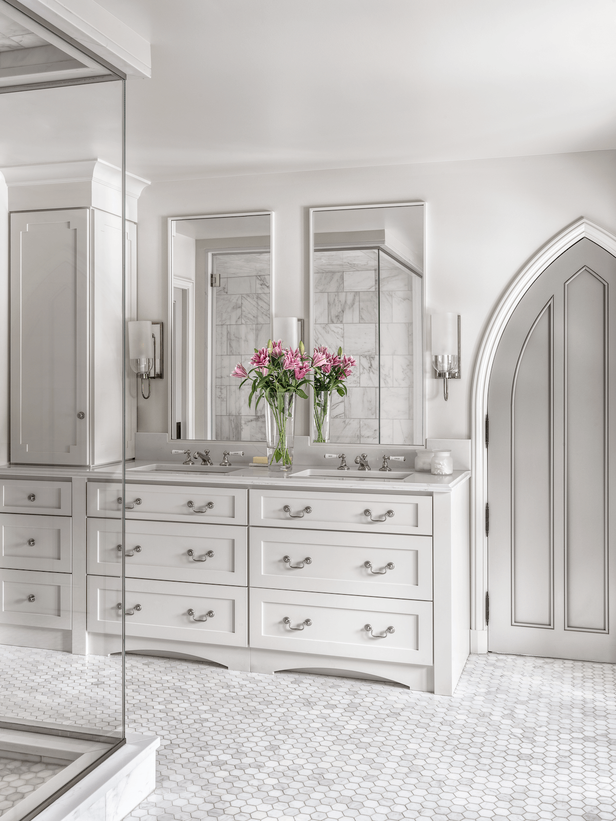 Furniture-style vanity in a master bathroom by Mitchell Wall featuring Beck/Allen Cabinetry