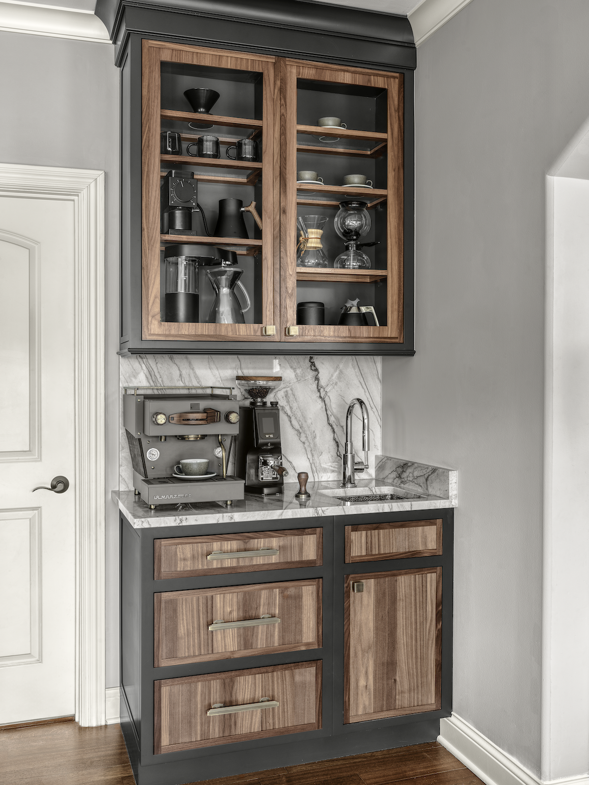 Custom Coffee Bar in Painted and Natural Walnut Cabinetry